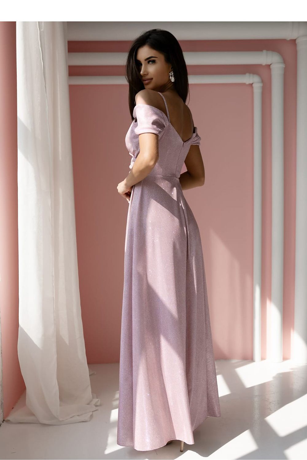 pink wrap flared long dress detail view