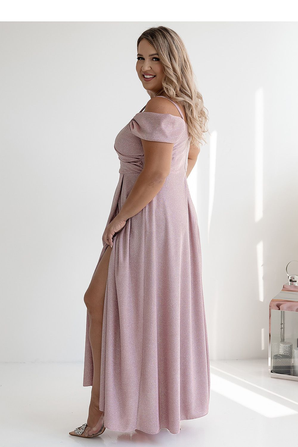 pink wrap flared long dress back view