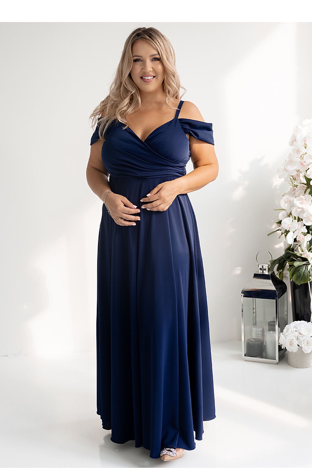navy blue wrap flared long dress front view