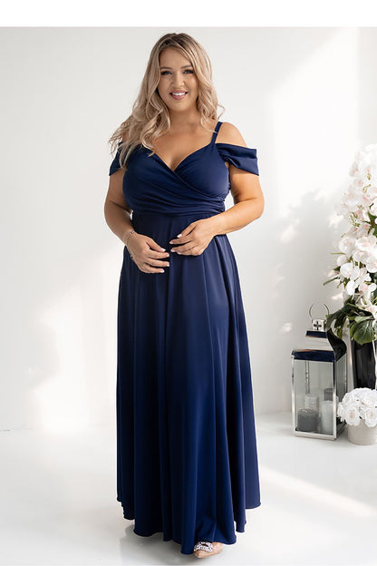 navy blue wrap flared long dress front view