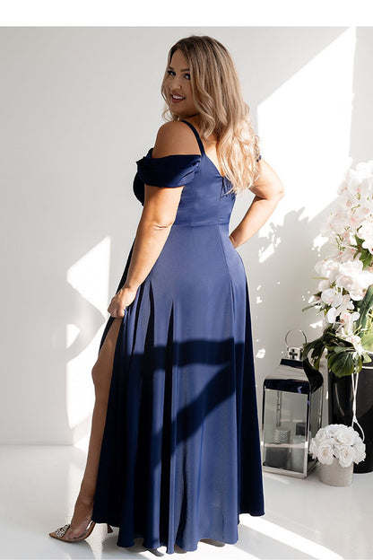 navy blue wrap flared long dress alternate angle