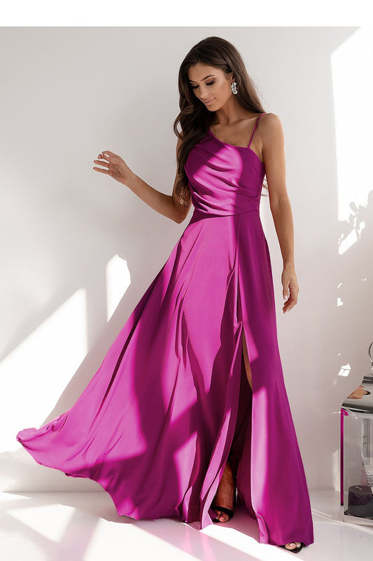 violet flared asymmetrical long dress front view