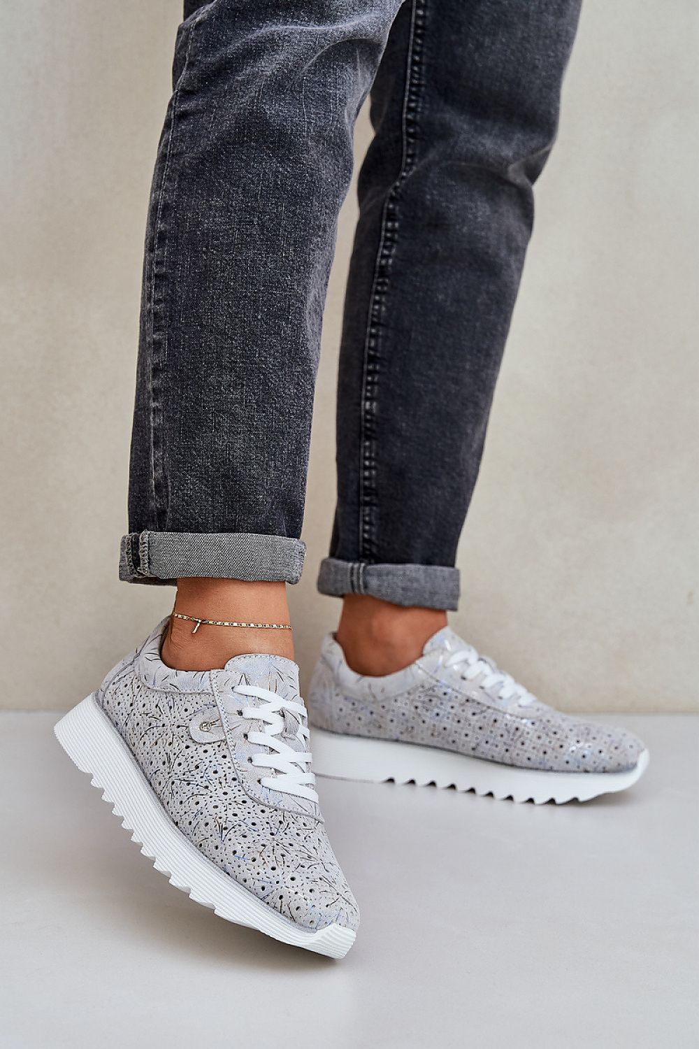 grey sequin sport shoes front view