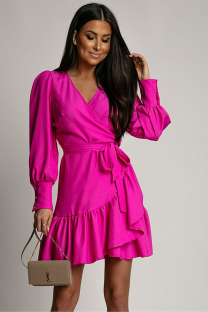 pink wrap ruffle day dress front view