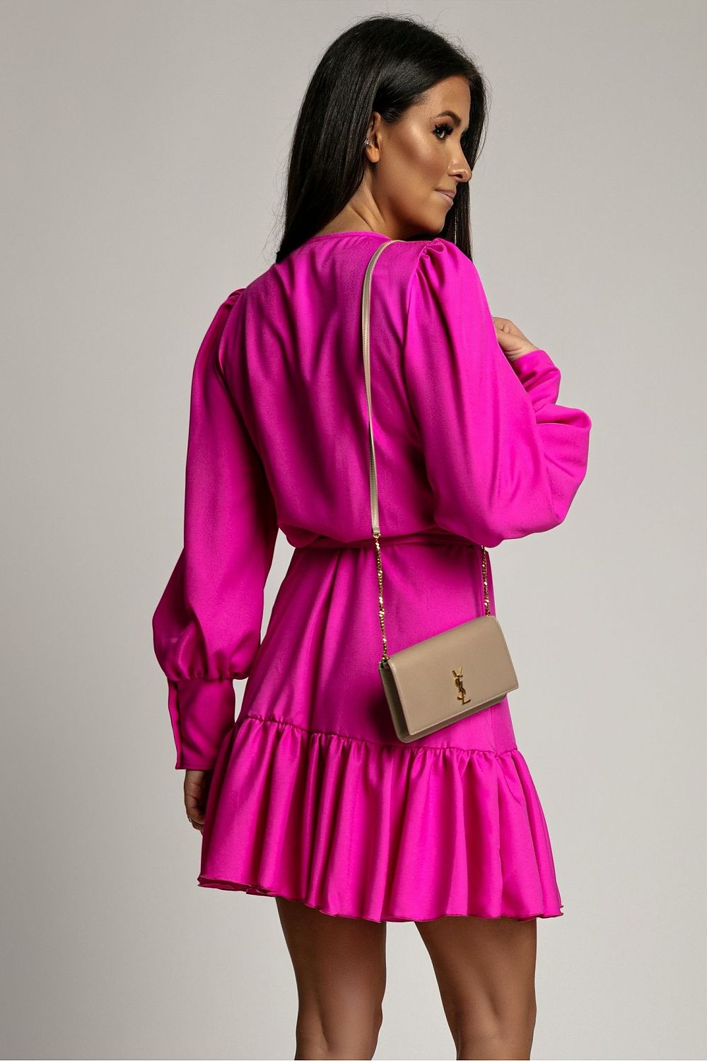 pink wrap ruffle day dress detail view