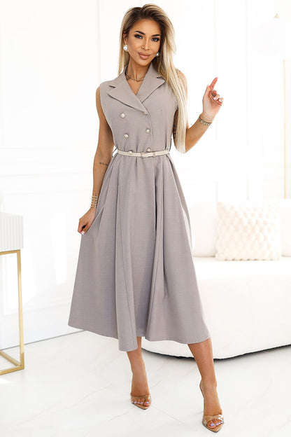grey flared belted day dress front view