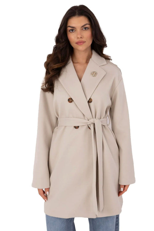 beige belted coat front view