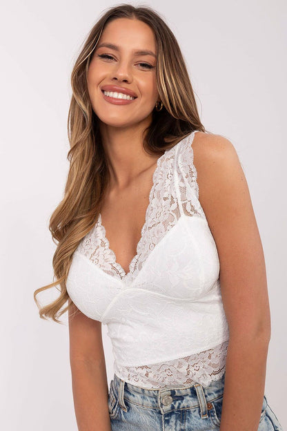 Women's White and Pink Easy-fit Elastic Detail Openwork Detail Top front view