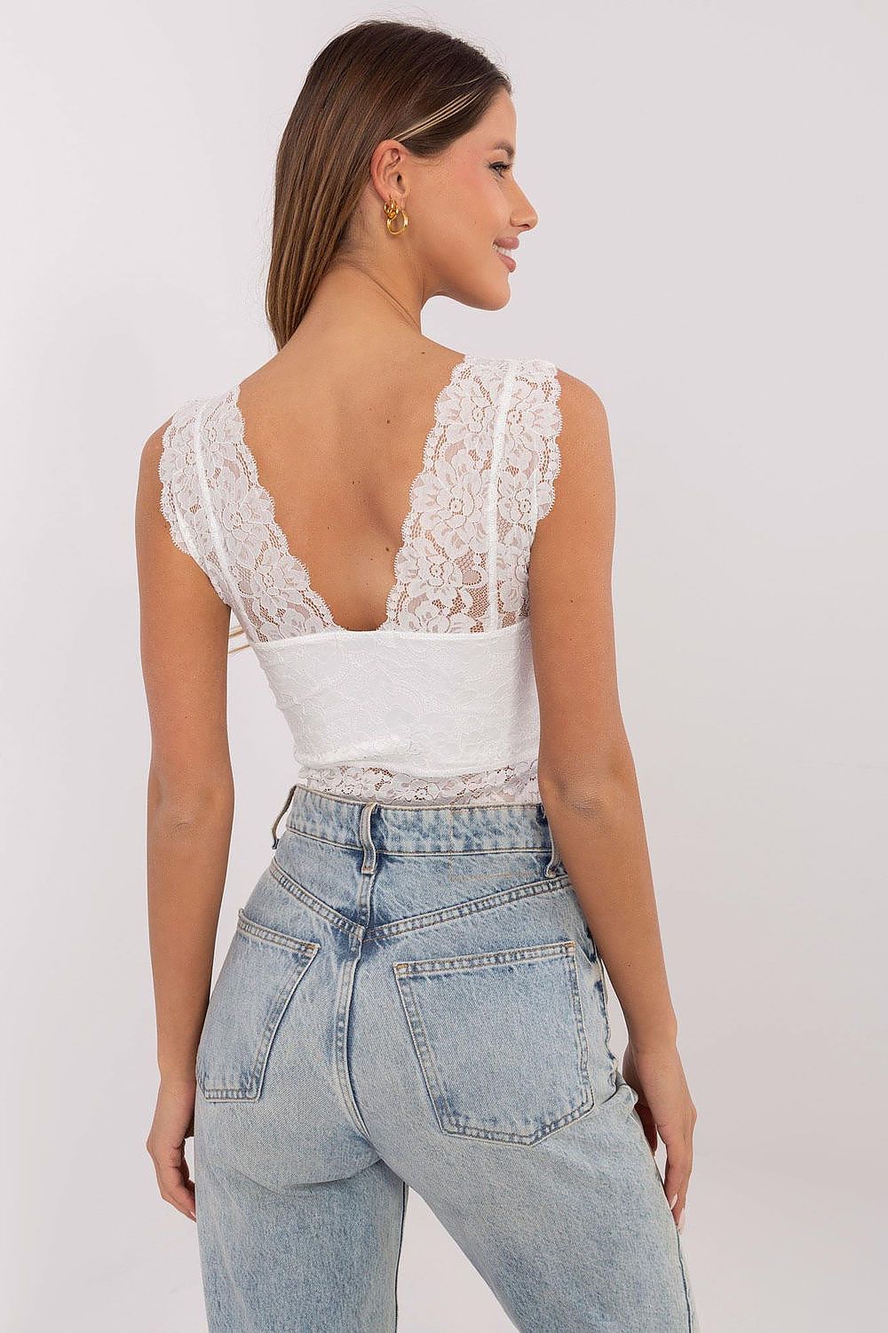 Women's White and Pink Easy-fit Elastic Detail Openwork Detail Top detail view