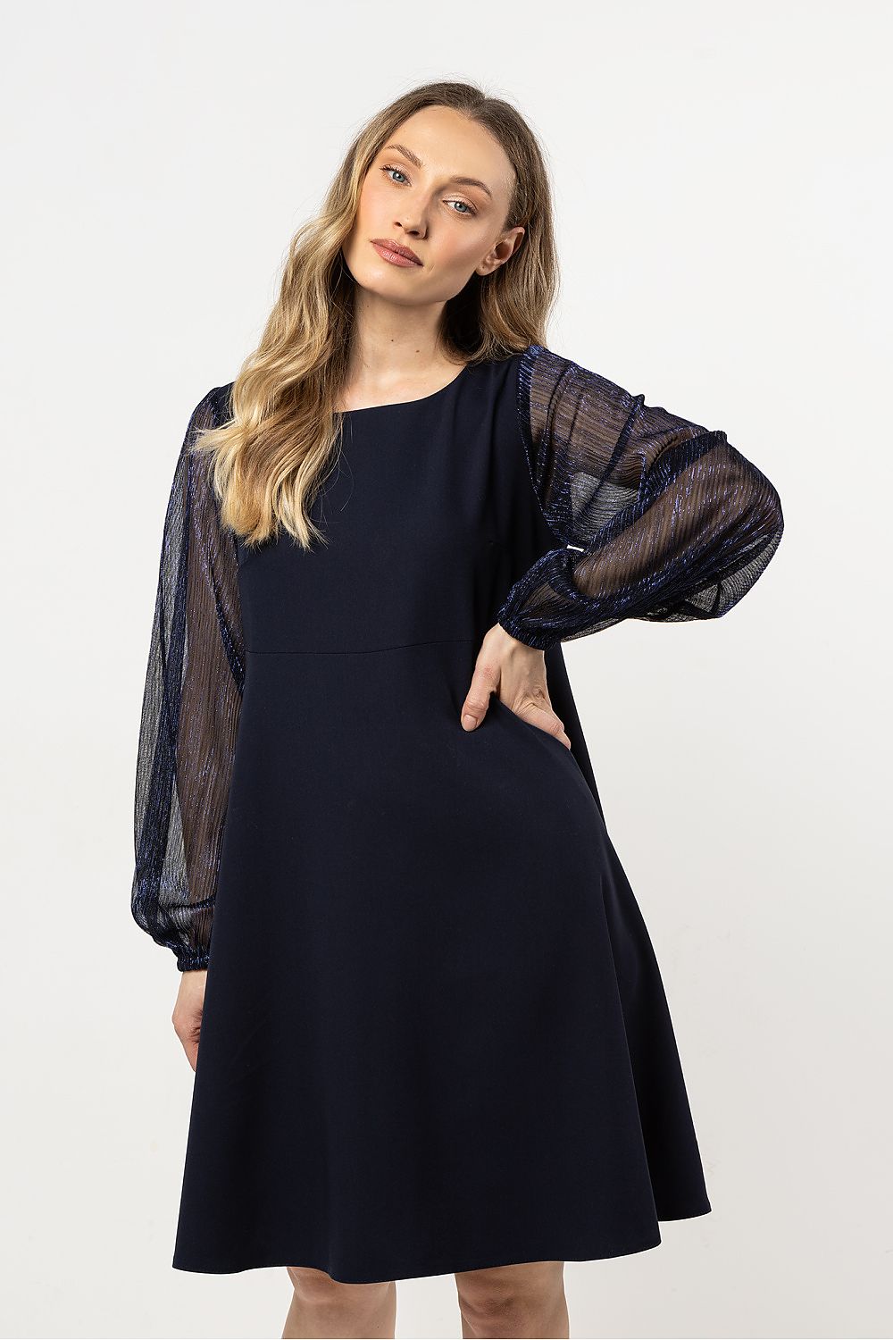 navy blue tulle evening dress front view