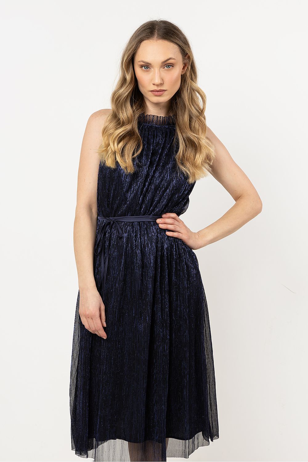 navy blue satin belted evening dress front view