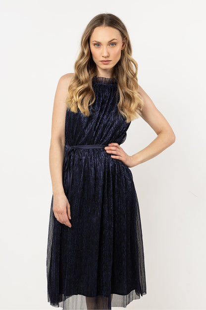 navy blue satin belted evening dress front view
