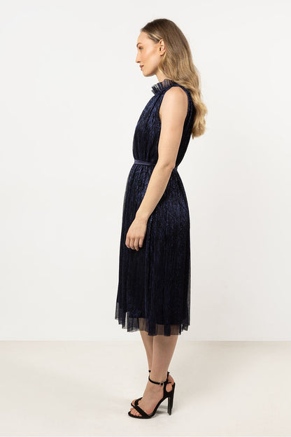 navy blue satin belted evening dress detail view