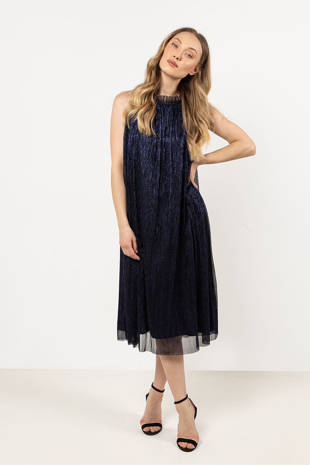 navy blue satin belted evening dress back view