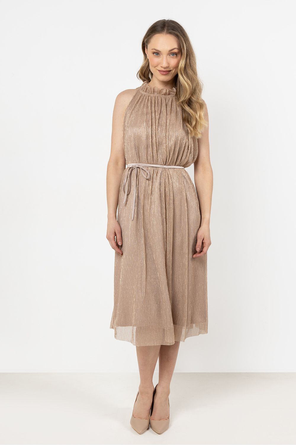 navy blue satin belted evening dress view 6