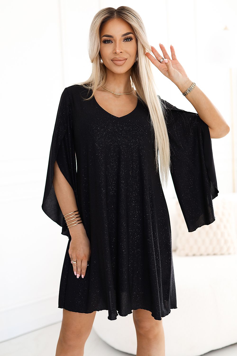 black v-neck evening dress front view