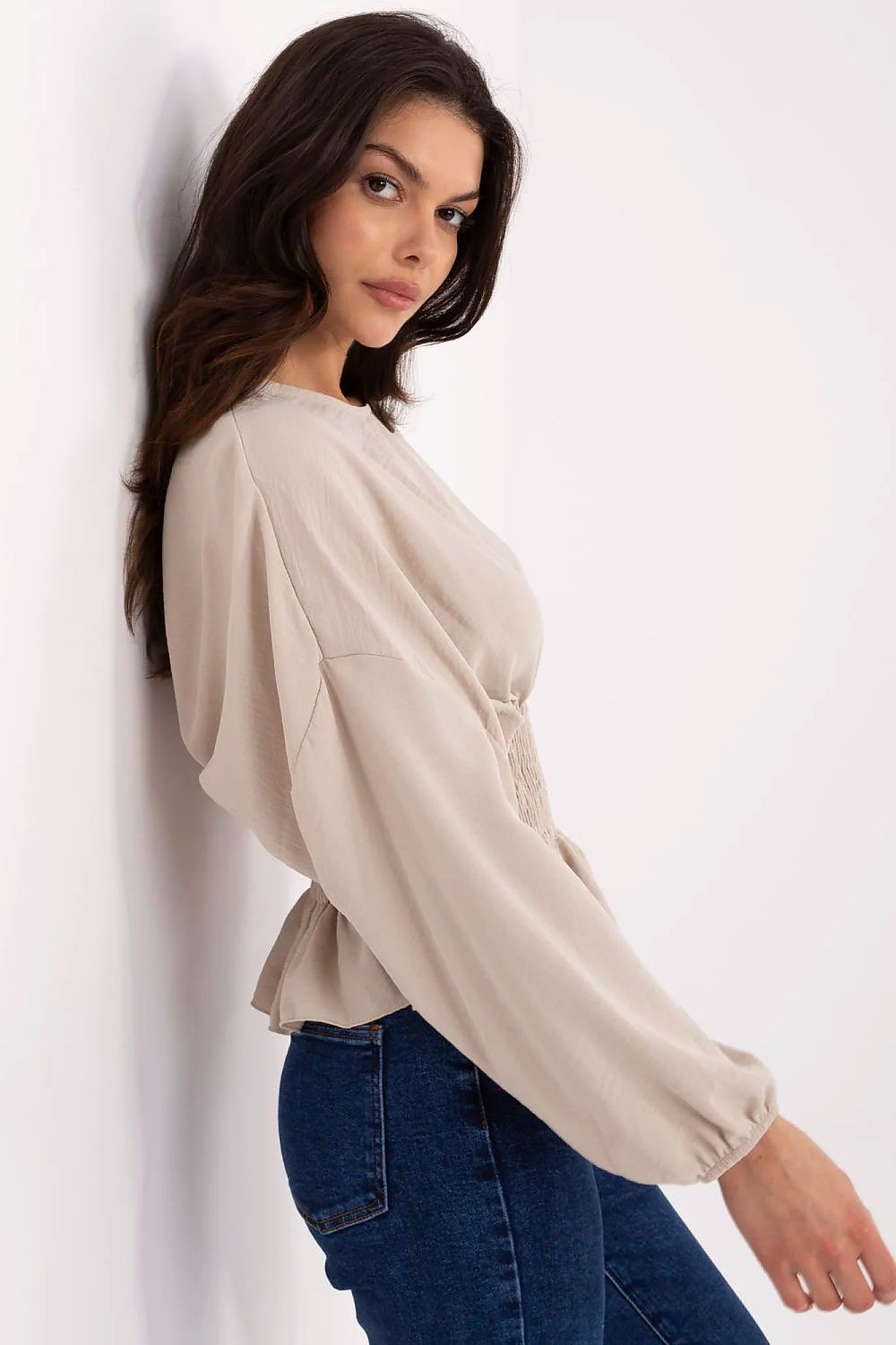 Women's Beige, Green, and White Blouse side view