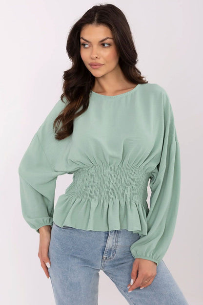 Women's Beige, Green, and White Blouse back view