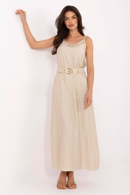beige ruffle belted day dress front view