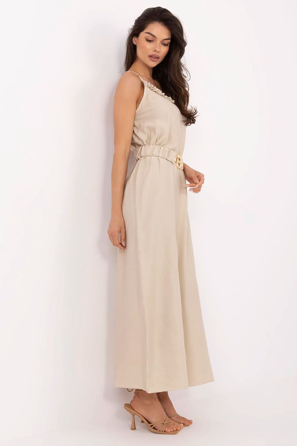 beige ruffle belted day dress alternate angle