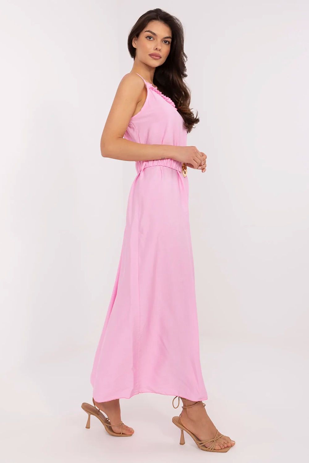 beige ruffle belted day dress view 8