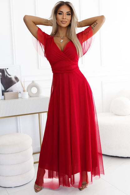 red tulle short sleeve long dress view 11