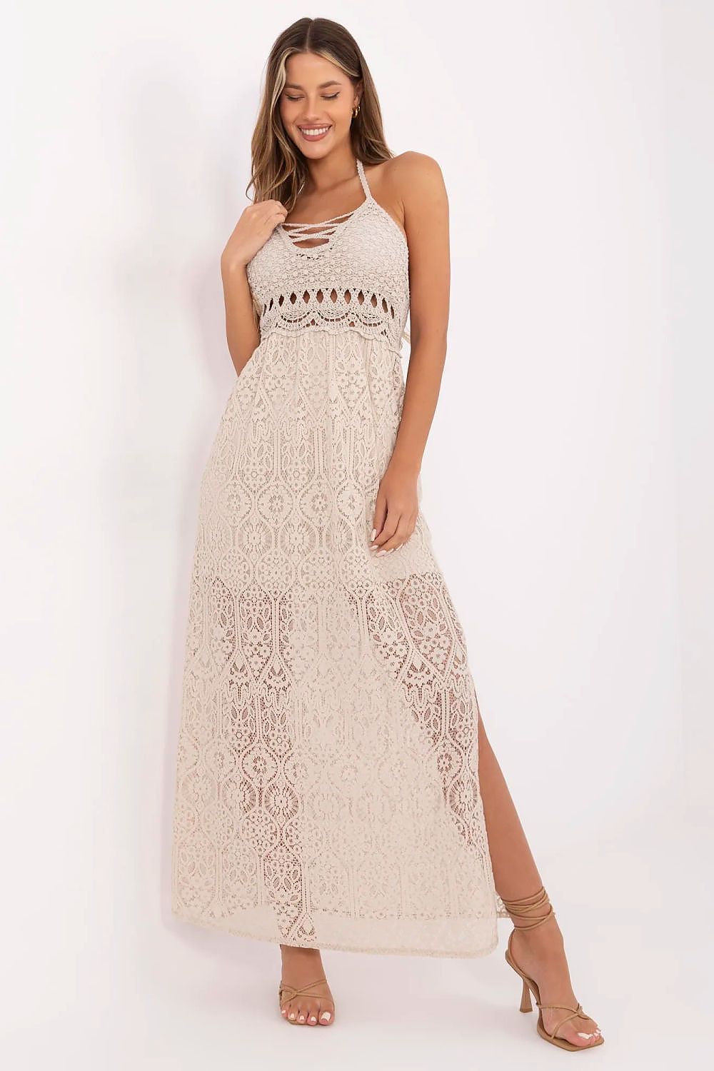 beige lace flared day dress front view