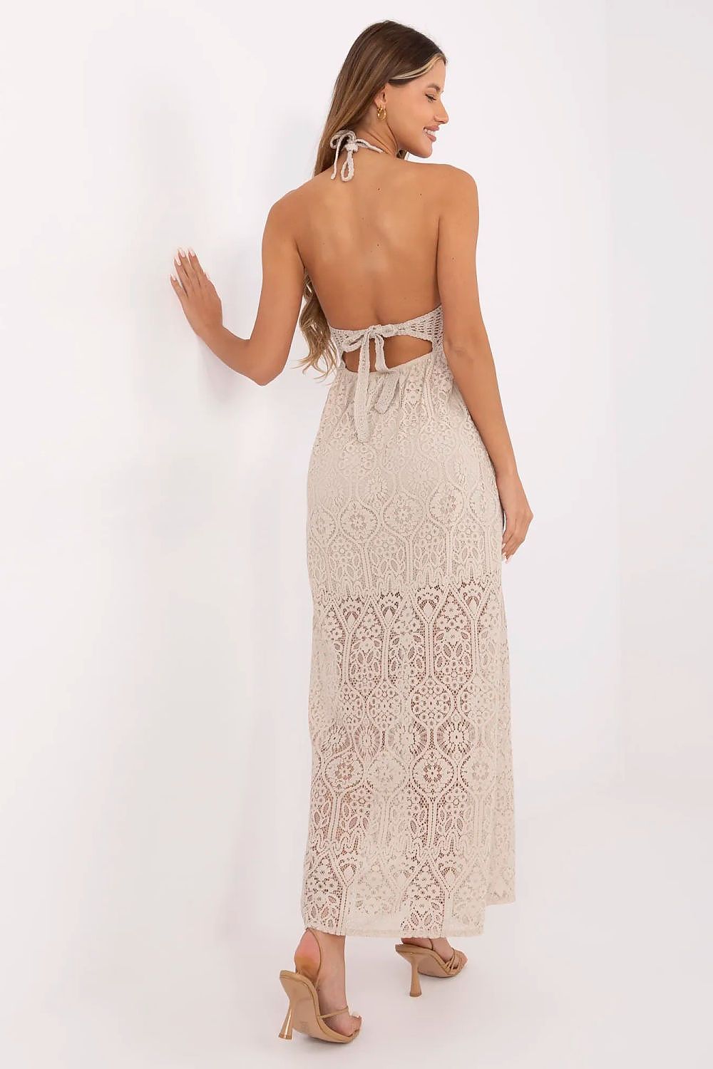 beige lace flared day dress detail view