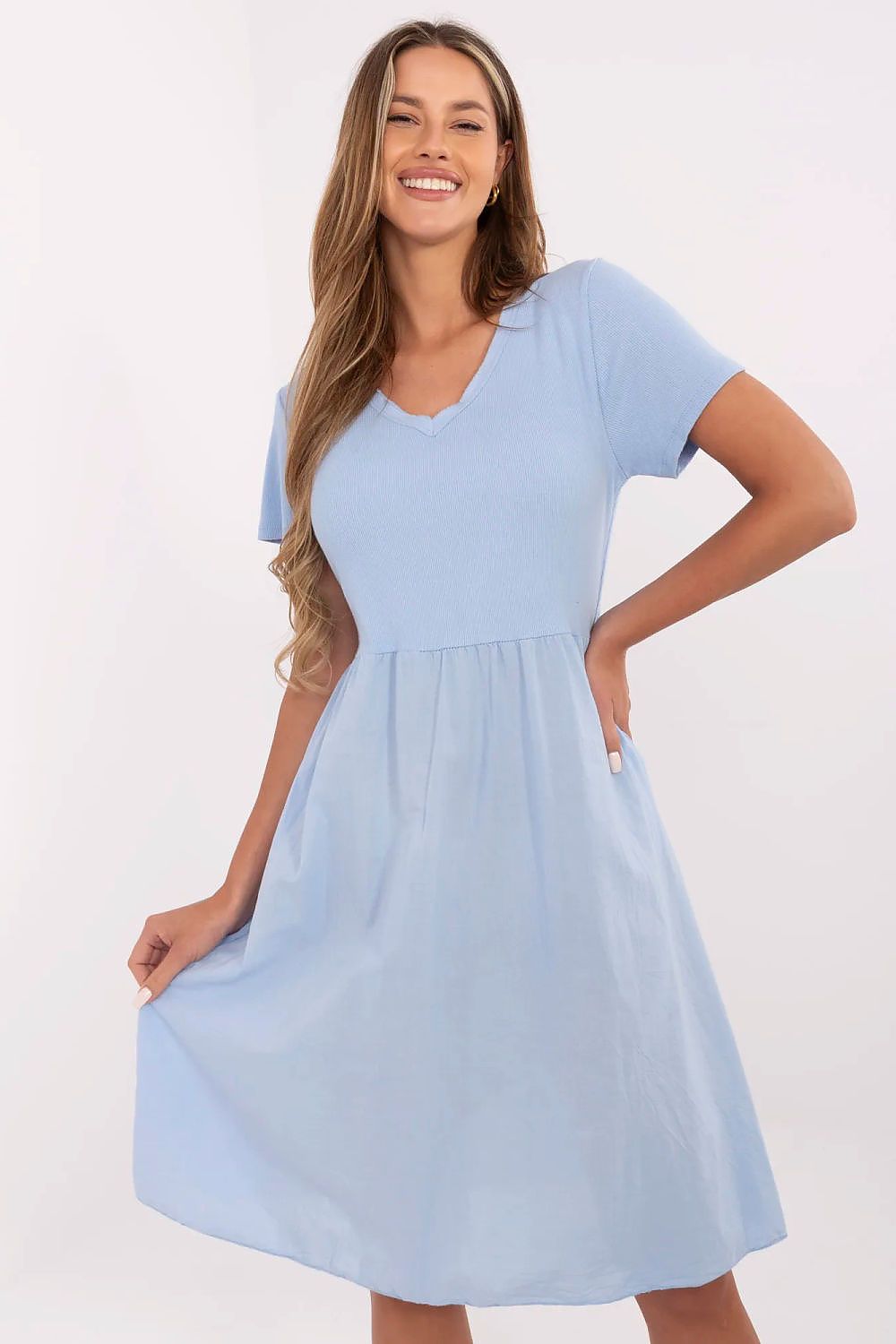 blue ribbed flared day dress front view