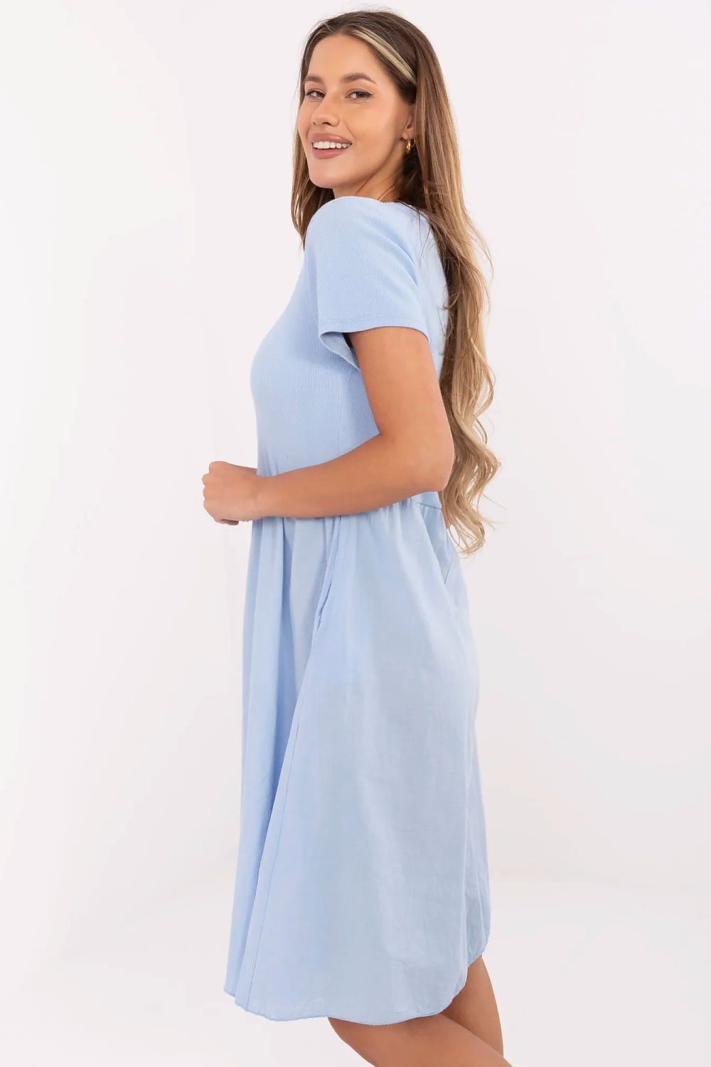 blue ribbed flared day dress alternate angle