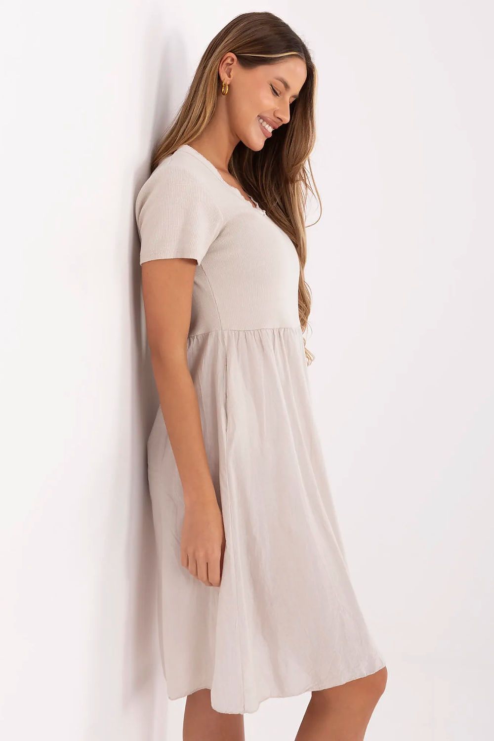 blue ribbed flared day dress side view