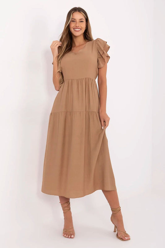 brown flared ruffle day dress front view