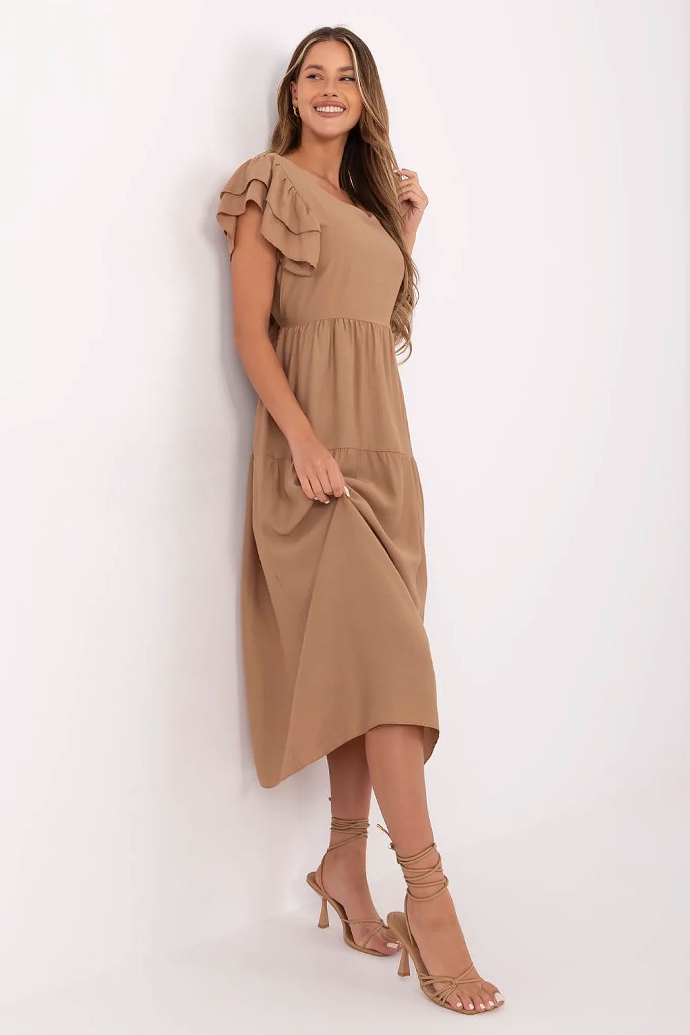 brown flared ruffle day dress alternate angle