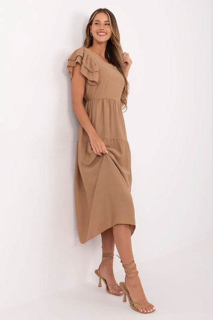brown flared ruffle day dress alternate angle