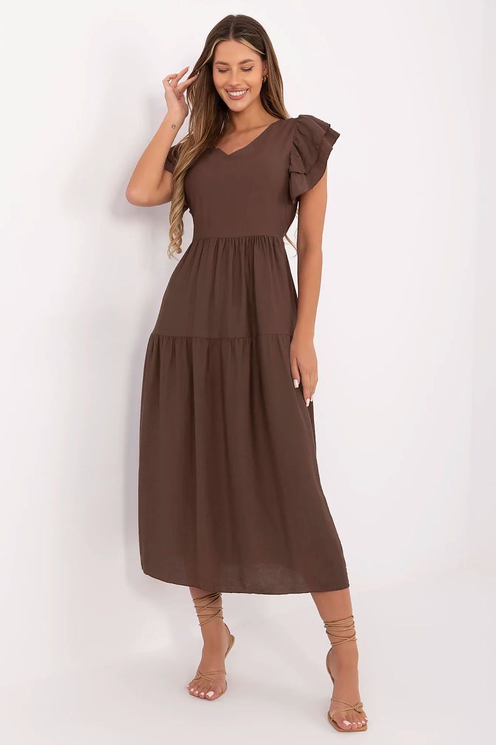 brown flared ruffle day dress view 15