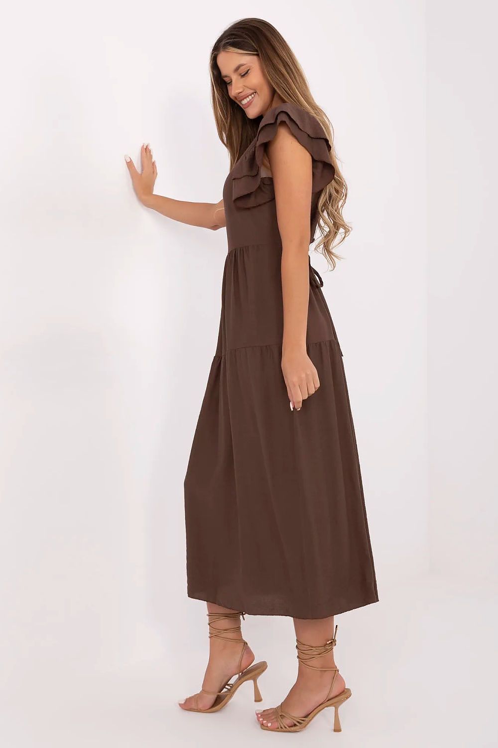 brown flared ruffle day dress view 16
