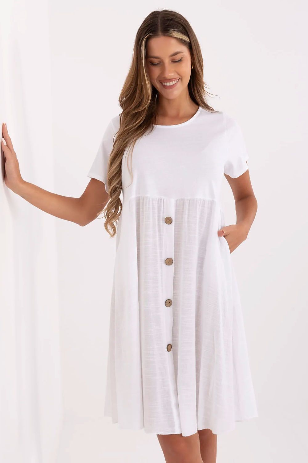 white flared short sleeve day dress front view
