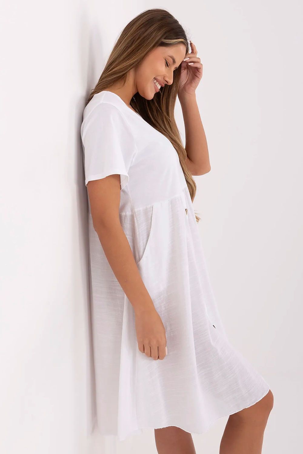 white flared short sleeve day dress alternate angle