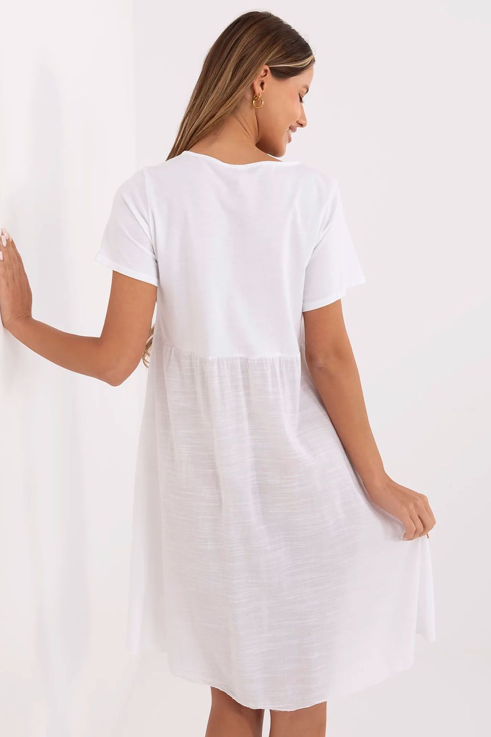 white flared short sleeve day dress detail view