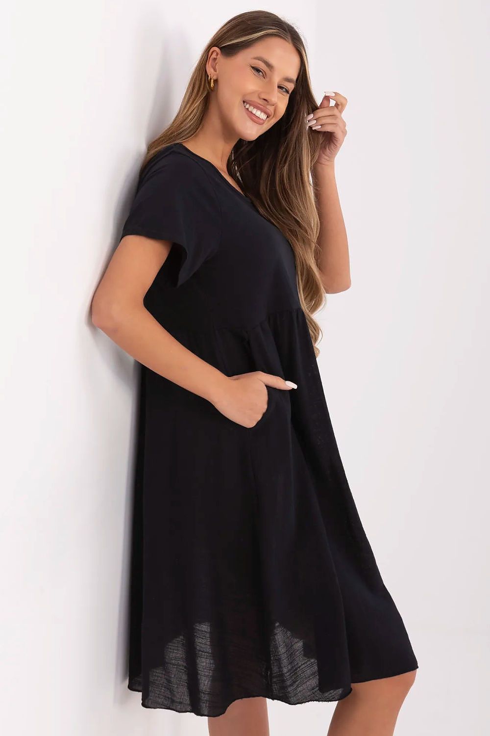 white flared short sleeve day dress side view