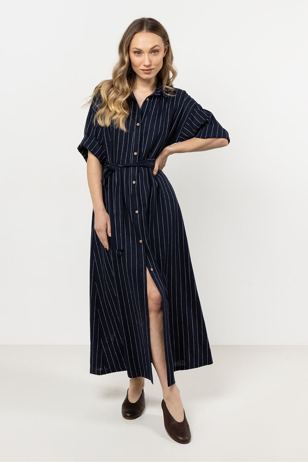 navy blue belted day dress front view