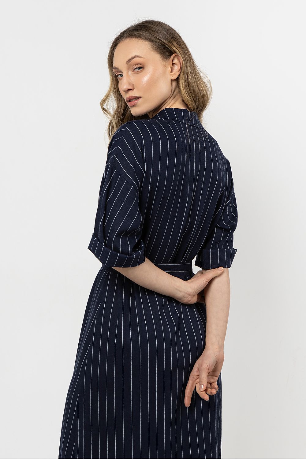 navy blue belted day dress alternate angle