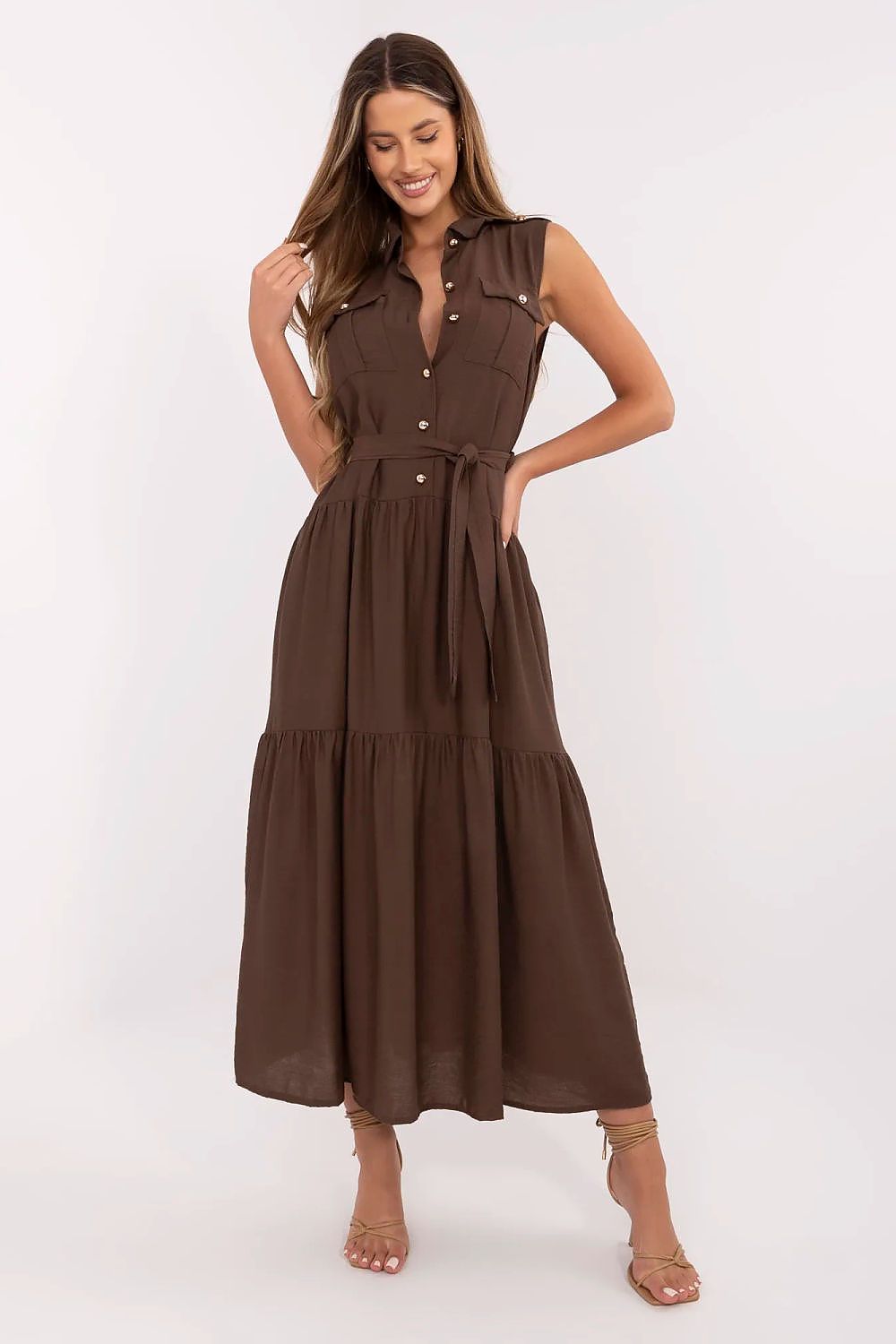 brown flared belted day dress front view