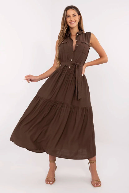brown flared belted day dress alternate angle