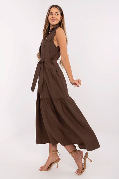 brown flared belted day dress detail view