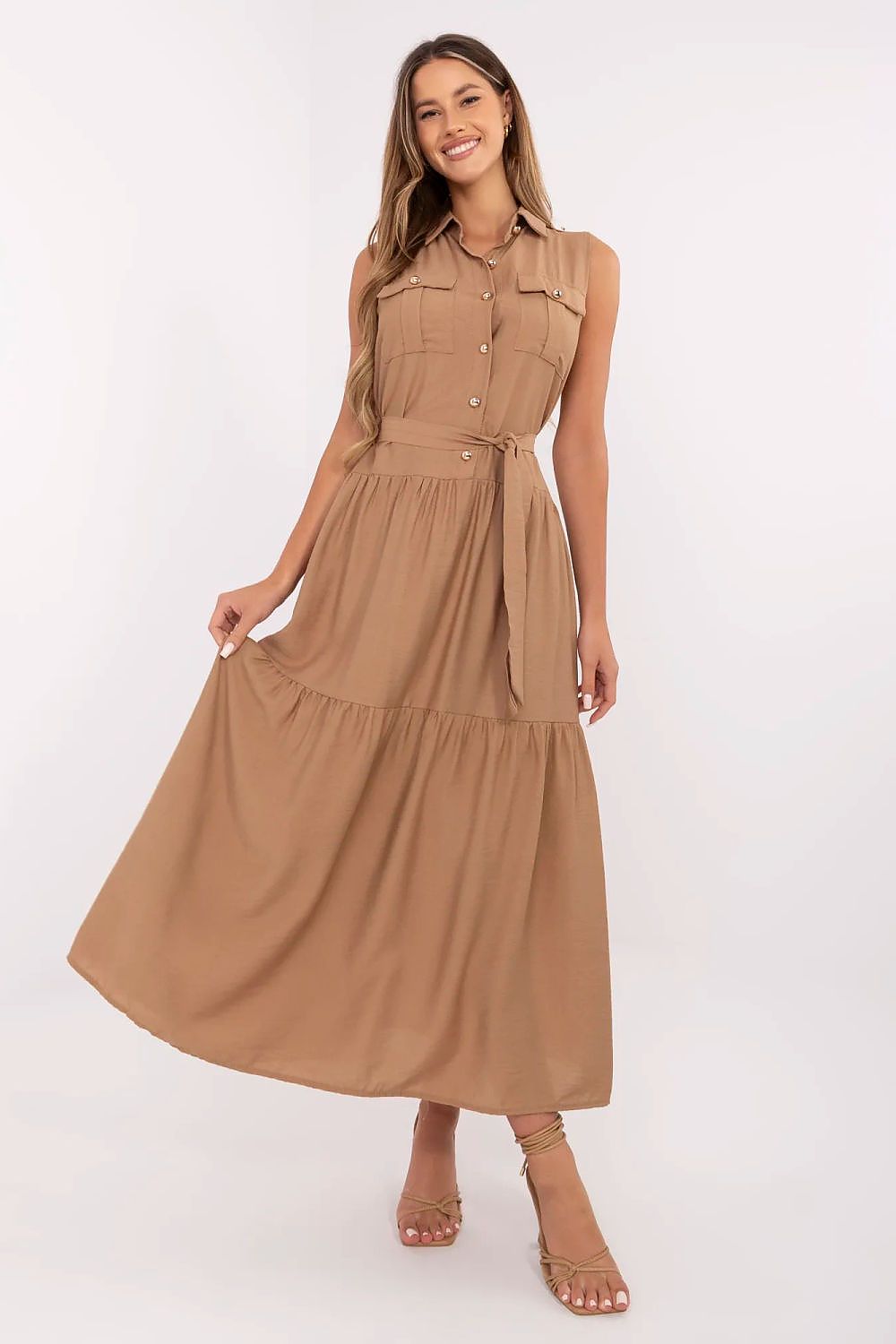 brown flared belted day dress back view