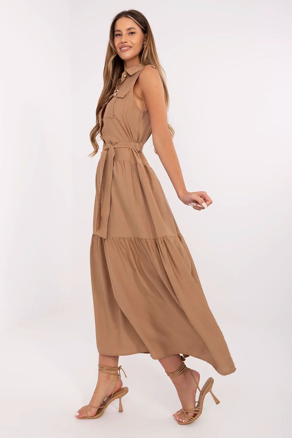 brown flared belted day dress side view