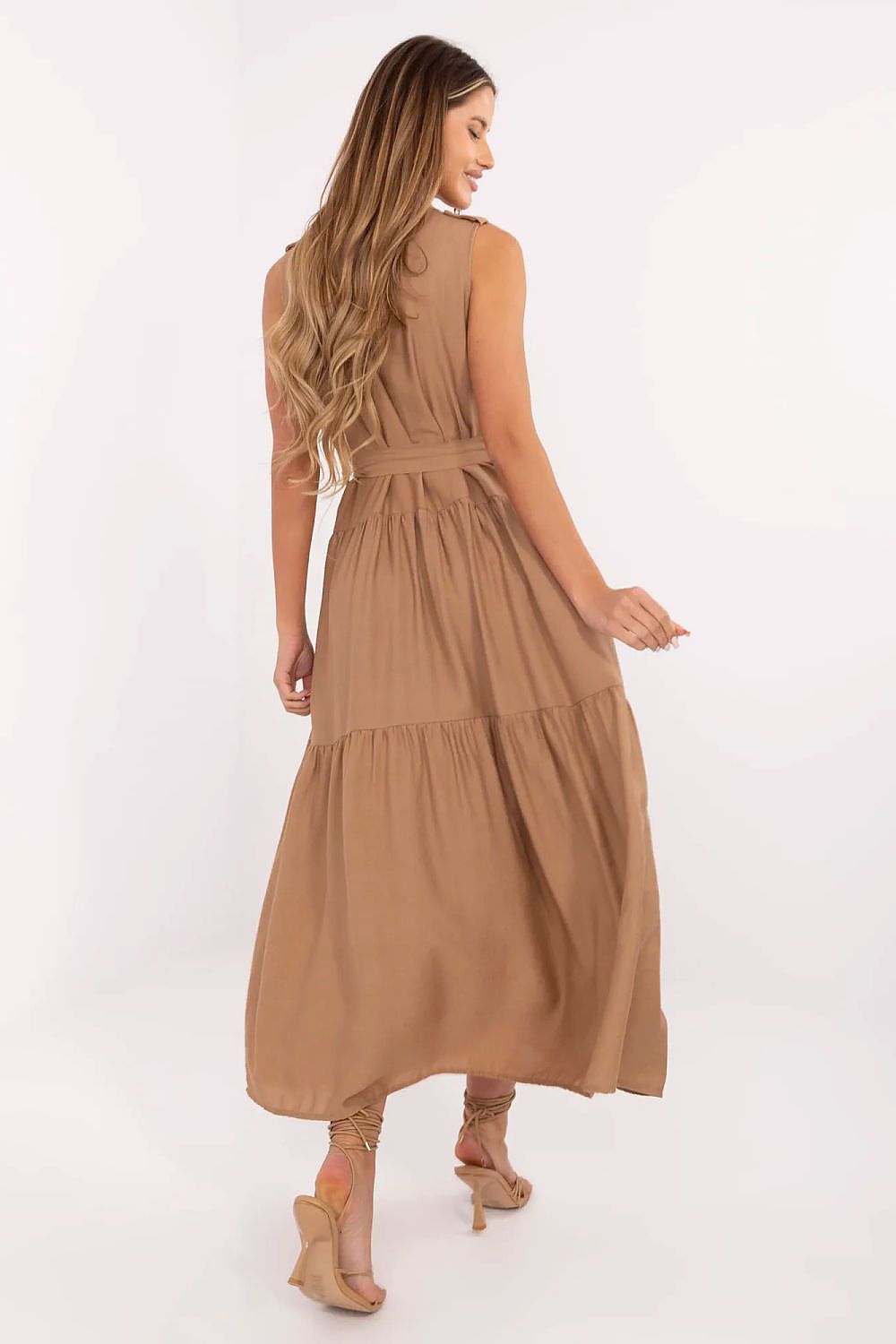 brown flared belted day dress view 6