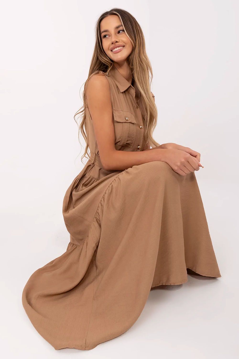 brown flared belted day dress view 7