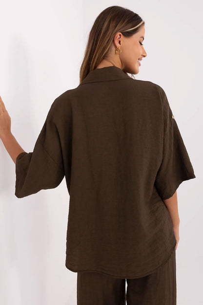 Women's Brown, Blue, and Beige Shirt detail view